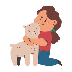 Girl hugging lamb vector cartoon illustration isolated on a white background.