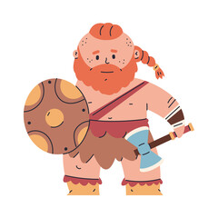 Viking with axe and shield vector cartoon character isolated on a white background.