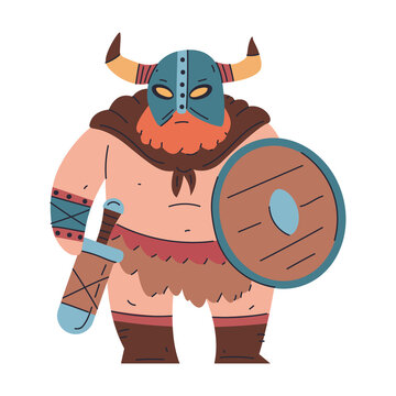 Viking in helmet with sword and shield vector cartoon character isolated on a white background.