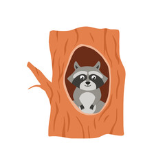 Racoon mascot sitting in hollow tree, flat vector illustration isolated.