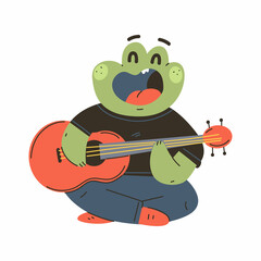 Frog playing on guitar vector cartoon musician animal character isolated on a white background.