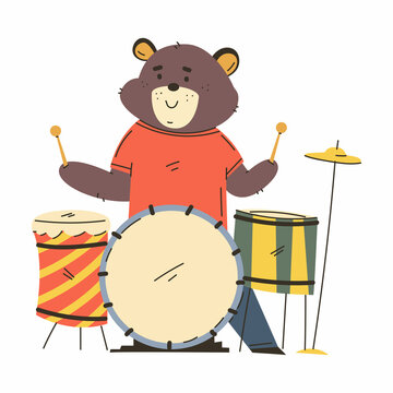 Bear playing on drum vector cartoon musician animal character isolated on a white background.