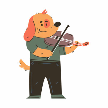 Dog Playing On Violin Vector Cartoon Musician Animal Character Isolated On A White Background.