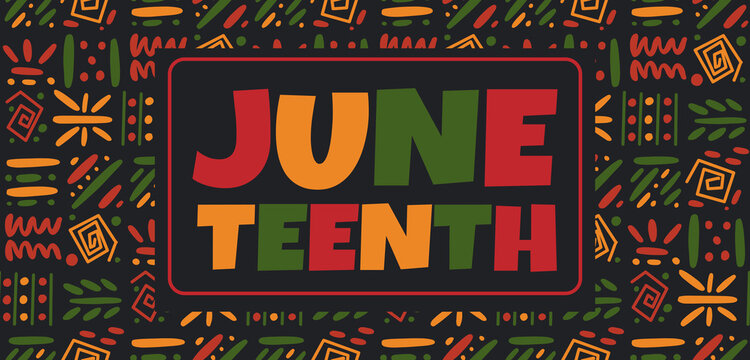 Juneteenth banner design with cute bright lettering on African ethnic tribal seamless pattern background