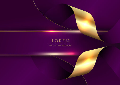 Abstract 3d curved violet and gold ribbon on violet background with lighting effect copy space for text. Luxury design style.