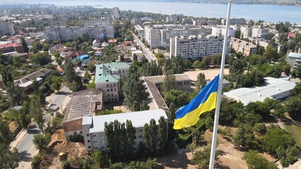 Ukrainian flag in Mykolaiv. Large ukrainian flag. Symbol of Ukraine 