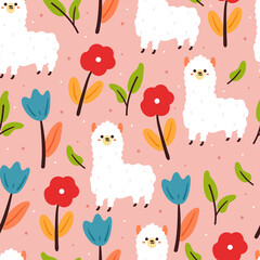 seamless pattern hand drawing cartoon llama with flower and plant. cute animal wallpaper in purple background for textile, fabric print