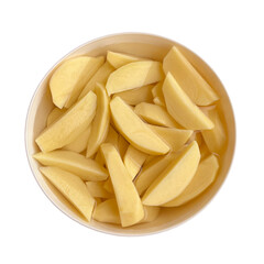 potatoes sliced top view. chopped potatoes in a container with water - flat lay. cooking dinner recipe. food