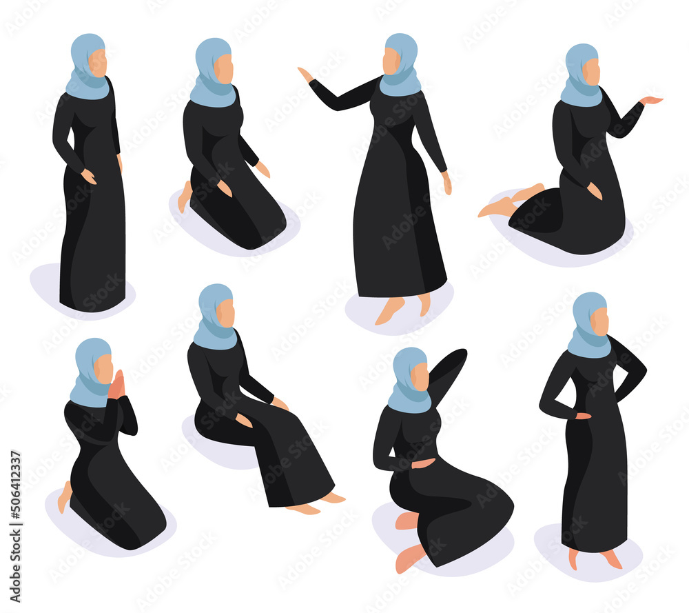 Wall mural trendy isometric arab people set. 3d isometric muslim woman wearing traditional clothing sitting in 