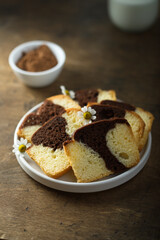 Homemade vanilla chocolate marbled cake on a plate