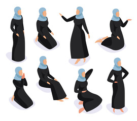 Trendy isometric Arab people set. 3D isometric Muslim woman wearing traditional clothing sitting in different poses isolated on white background. Vector illustration.