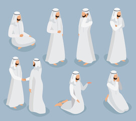Trendy isometric Arab people set. 3D isometric Muslim man wearing traditional clothing sitting in different poses isolated on white background. Vector illustration.