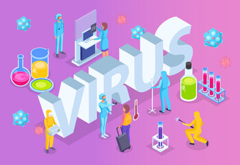 Virus diagnostics in hospital. Medical workers and patients. Isometric vector illustration showing virus prevention measures, protect medical workers during an epidemic, early diagnosis of the disease