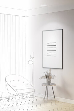 A sketch becomes a real interior in pastel colors with a vertical poster on a light beige wall, flowers in a vase on a coffee table, a floor lamp, and an elegant chair with silk curtains. 3d render