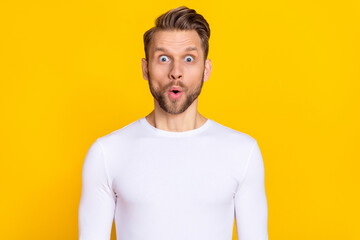 Photo of astonished confused person pouted lips stare camera isolated on yellow color background - obrazy, fototapety, plakaty