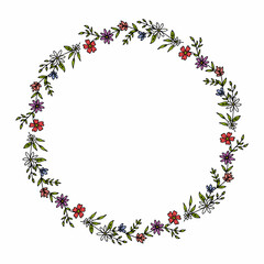 Wreath with simple pink, violet and blue flowers and green branches on white background. Vector image.