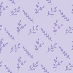 Seamless pattern with simple violet branches on light lilac background. Doodle style. Vector image.