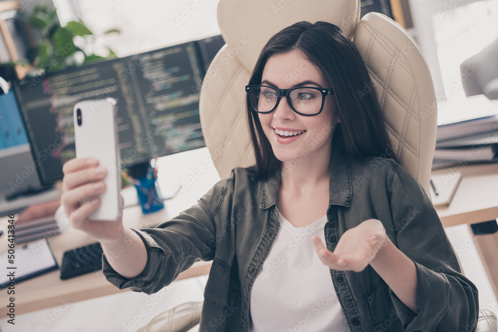 Poster portrait of attractive cheerful skilled girl web developer taking selfie calling video app communica