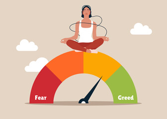 Businesswoman investor meditating on market sentiment gauge. Market sentiment, fear and greed index, emotional on stock market or crypto currency trading indicator, investment risk psychology concept.
