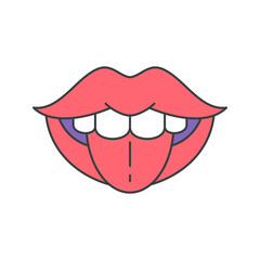 Flirting woman open mouth white teeth showing tongue pop art groovy style t shirt print vector