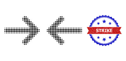 Halftone shrink arrows icon, and bicolor rubber Strike watermark. Halftone shrink arrows icon is constructed with small round points. Vector watermark with distress bicolored style,