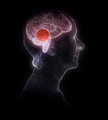 How the brain works. Synapses and neurons. Connections. Take care of your brain, stimuli and ideas. Degenerative diseases, Parkinson's and Alzheimer's. Elder woman side view. 3d rendering