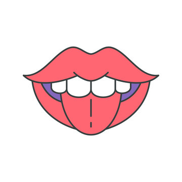 Flirting woman open mouth white teeth showing tongue pop art groovy style t shirt print vector