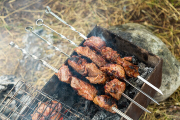 Beef meat on steel skewers grilling on brazier