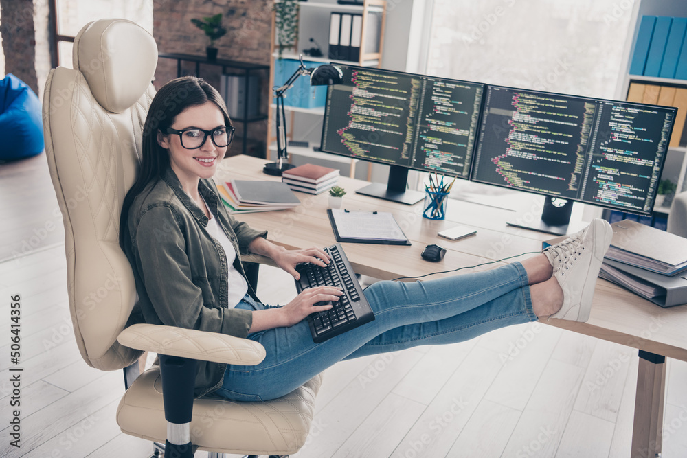Poster portrait of attractive cheerful girl web developer tech support service providing intranet network a