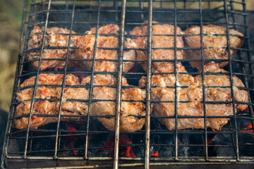 Closeup of grill grate with beef meat on a brazier with flaming charcoal
