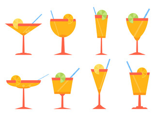 Cocktail icon set isolated on white background. Collection of alcoholic drinks in different glasses. Cocktail glasses with straw and lemon. Design for bar menu and booklet. Vector illustration
