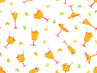 Cocktail with umbrellas seamless pattern. Alcoholic cocktails with umbrellas and orange slice on white background. Design for bar menus, advertising materials and banners. Vector illustration