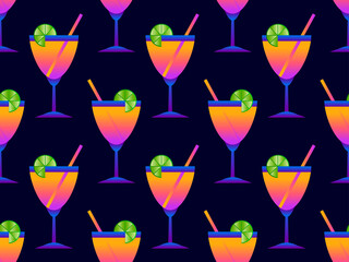 Cocktail with umbrellas 80s style seamless pattern. Alcoholic cocktails with umbrellas and lime slice. Design for bar menus, advertising materials and banners. Vector illustration