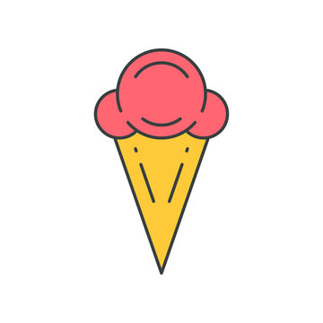 Bright Contoured Pink Creamy Ice Cream In Waffle Cone Summer Dessert Pop Art Groovy Vector Cartoon