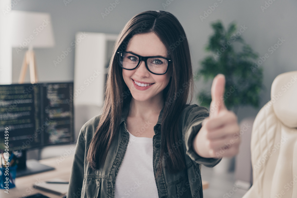 Aufkleber portrait of beautiful cheerful girl nerd geek giving thumbup advert web development company at workp