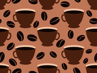 Coffee cups and coffee beans seamless pattern. Roasted coffee beans. Design for banner, posters and promotional items. Vector illustration