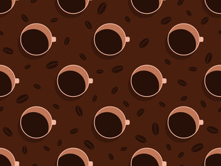 Coffee mugs top view seamless pattern. Coffee cups and coffee beans. Design for banners, posters and promotional materials. Vector illustration