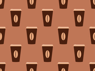 Coffee paper cup seamless pattern. Paper cups with cappuccino and mochaccino. Coffee beans. Design for banners, posters and promotional materials. Vector illustration