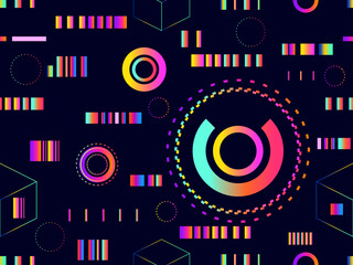 Obraz premium Geometric seamless pattern in cyberpunk style. Gradient futuristic geometric shapes in 80s style. Synthwave and retrowave design for banners, promotional products and posters. Vector illustration