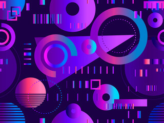 Obraz premium Geometric seamless pattern in cyberpunk style. Gradient futuristic geometric shapes in 80s style. Synthwave and retrowave design for banners, promotional products and posters. Vector illustration