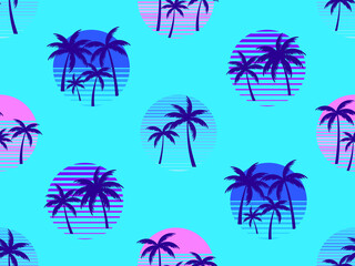 Fototapeta na wymiar Retro sun with palm trees 80s style seamless pattern. Palm trees at sunset. Design colorful tropical pattern for banner, poster and promotional item. Vector illustration