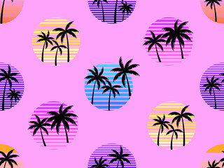 Seamless pattern with retro sun and palm trees in 80s style. Palm trees at sunset. Design colorful tropical pattern for banner, poster and promotional item. Vector illustration