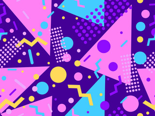 Memphis seamless pattern with geometric shapes in 80s style. Colorful geometric pattern. Design of promotional products, wrapping paper and printing. Vector illustration