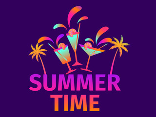 Naklejka premium Alcoholic cocktails with umbrellas and fruit slices. Alcoholic cocktails and palm trees poster. Summer time. Design for banners, posters and promotional items. Vector illustration