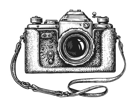 Hand drawn retro camera. Vintage vector illustration in sketch engraving style