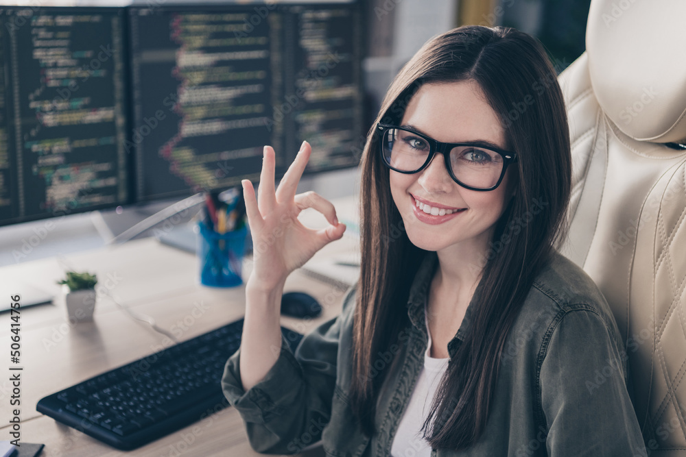 Aufkleber portrait of beautiful cheerful skilled girl showing ok-sign developing web project startup at workpl