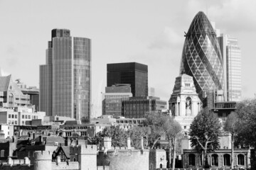 London skyline - City of London. Black and white retro style London landmarks.
