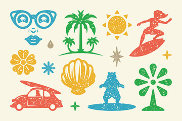 Summer symbols and objects set vector illustration. Bear on board and surfers car