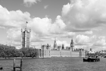 London UK - City of Westminster. Palaces of Parliament. Black and white retro style London landmarks.