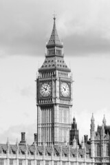 Big Ben, London UK. Black and white retro style London landmarks.